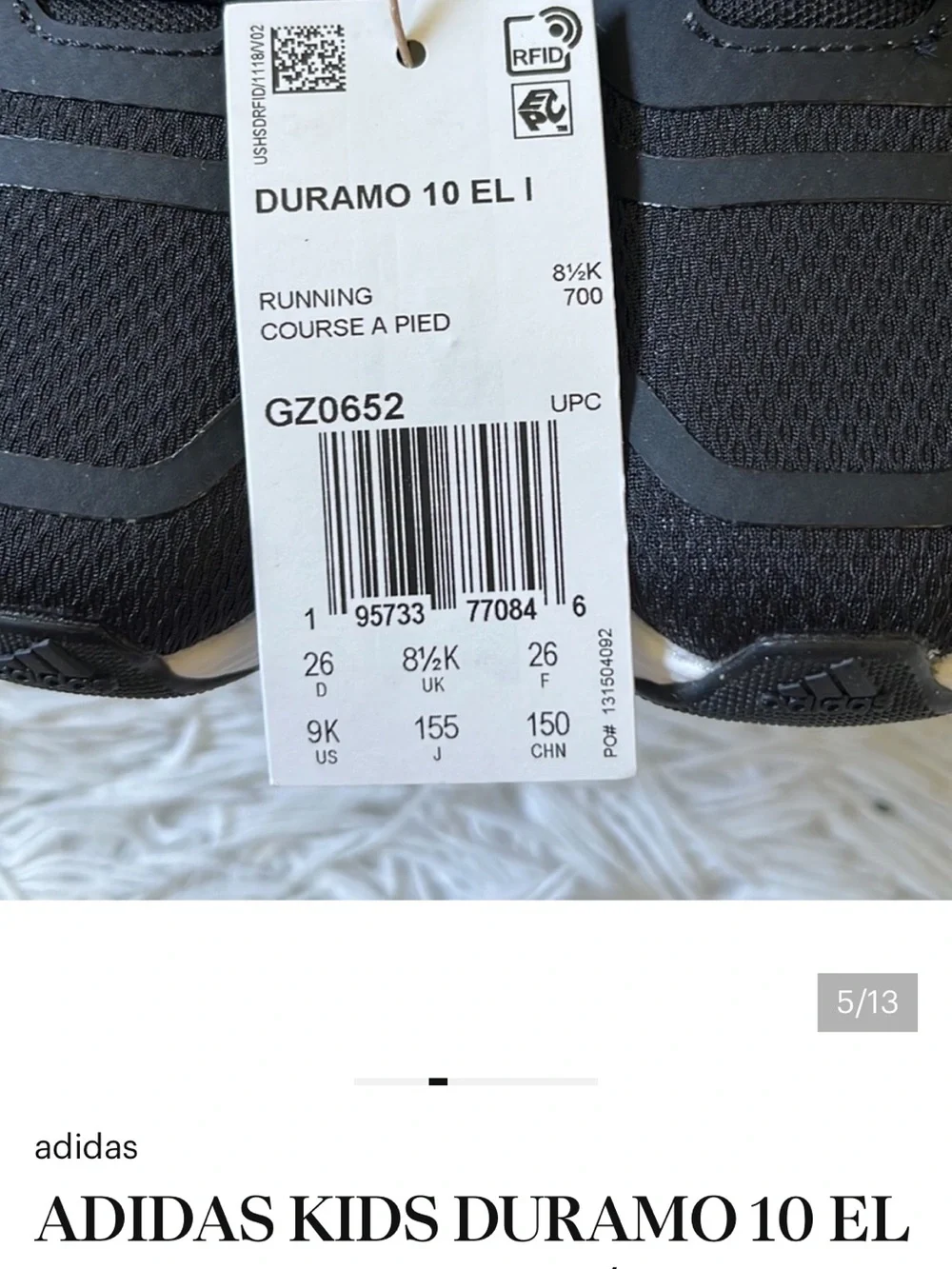 ADIDAS KIDS DURAMO 10 EL I SHOES IN BLACK/WHITE SIZE 9K
